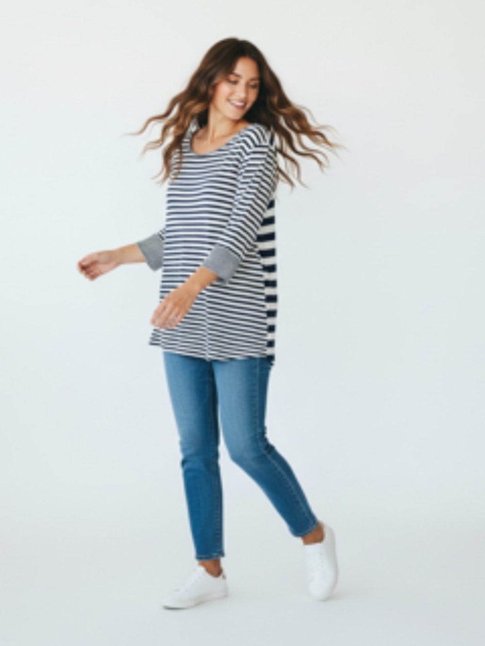 Chico's Striped 3/4 Sleeve Scoop Neck Relaxed Fit Navy/White Top Size 2